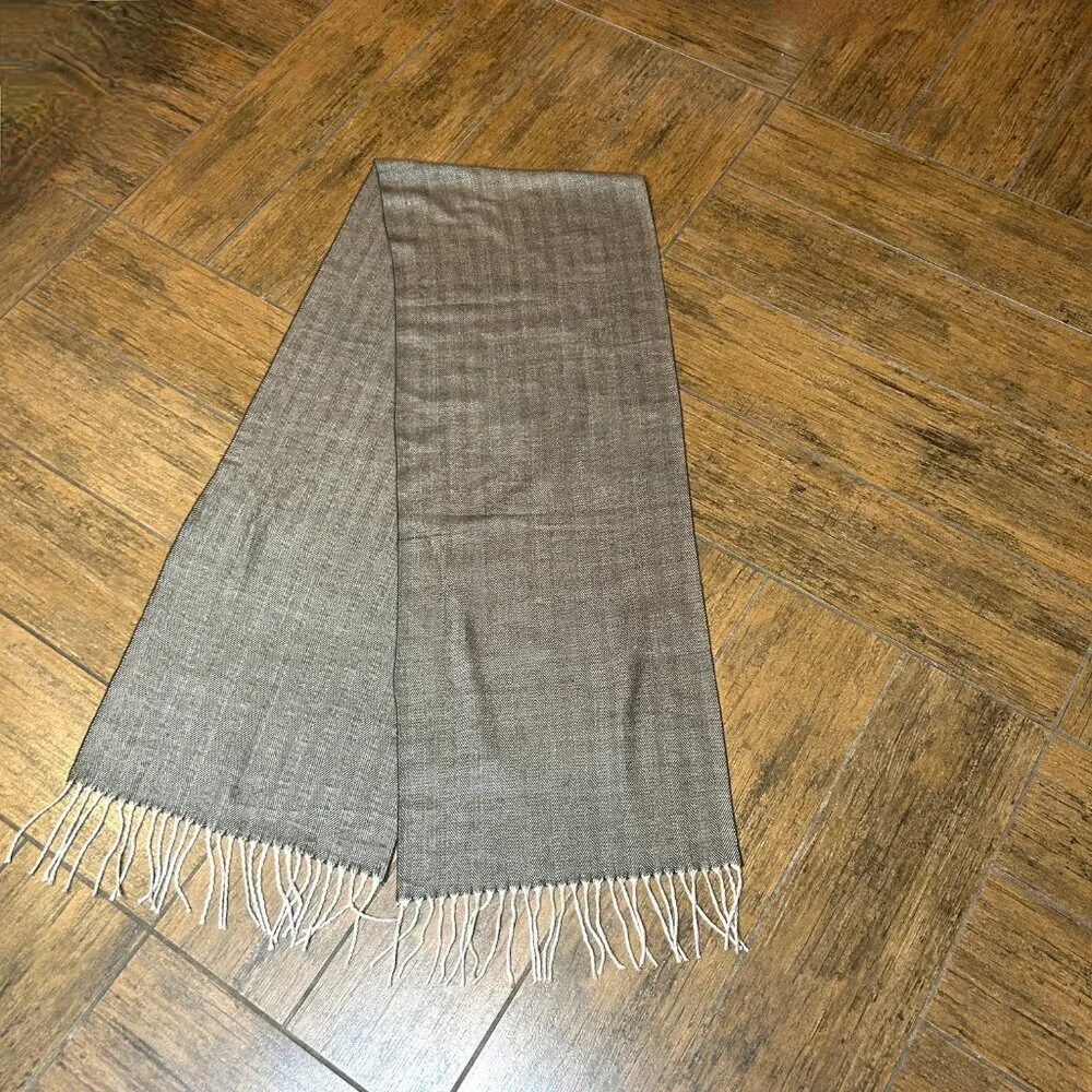 Italian Design Brown Herringbone Cashmere Blend Scarf with Fringe